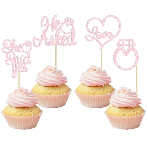Miniatura 9 de Gyufise Paquete de 24 adornos para cupcakes con purpurina negra con la frase "He Asked She Said Yes" para cupcakes, anillos de corazón con purpurina