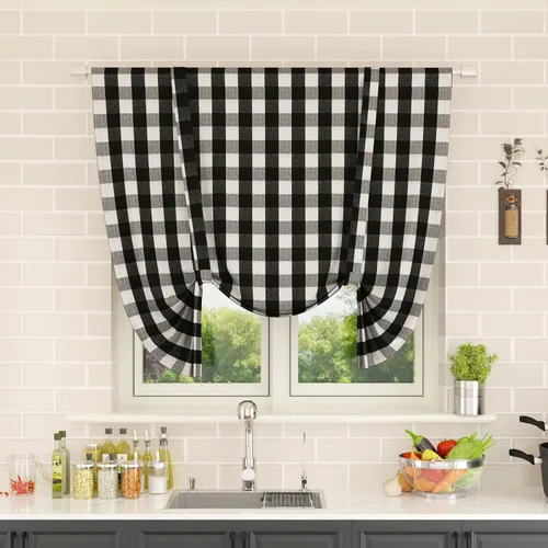 Miniatura 248 de Cenefas de cortina para ventana de 16 pulgadas de largo, 2 paneles de cuadros búfalo, cortinas pequeñas con bolsillo para barra, estilo clásico