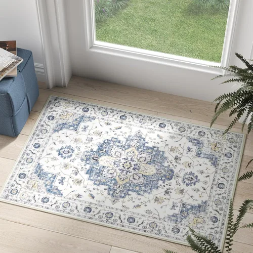 jinchan Alfombra de Área 2x3 pies Alfombra Vintage de Entrada Lavable Bohemia Tapete Interior para Puerta Medallón Floral Tapete Pequeño para Puerta