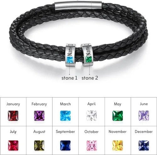 Miniatura 2 de Pulsera personalizada para el Día del Padre para hombre, pulseras personalizadas de cuero trenzado negro con cuentas grabadas de 1 a 8 nombres