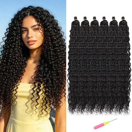 Miniatura 43 de Extensiones de cabello ondulado con ganchillo Ocean Wave de 18 pulgadas, 6 paquetes, extensiones de cabello de ganchillo sueltas de onda profunda #1B