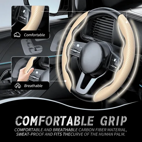 Miniatura 2 de WOCOCN 2 fundas para volante de automóvil, protector antideslizante de fibra de carbono para hombres y mujeres, múltiples opciones de color, Beige