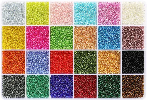 Bala&Fillic Tamaño 12/0 Cuentas de semillas de vidrio alrededor de 24000 piezas en caja, 24 colores, cuentas de semillas transparentes de 0.079