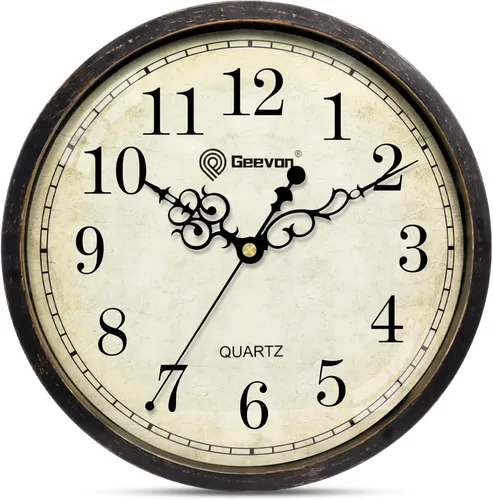 Geevon Reloj de pared vintage de 10 pulgadas, silencioso, sin tictac, retro, redondo, de cuarzo, funciona con pilas, reloj decorativo para cocina,