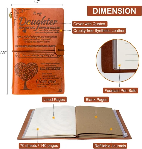 Miniatura 6 de Regalo para mi hija, diarios de cuero de parte de mamá o papá, diarios de escritura de 140 páginas para adolescentes, regalo especial para hija