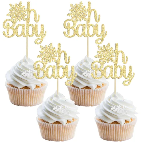Miniatura 14 de Gyufise Paquete de 24 adornos de copos de nieve Oh Baby para cupcakes con purpurina azul Frozen Oh Baby Pick Decoraciones para baby shower