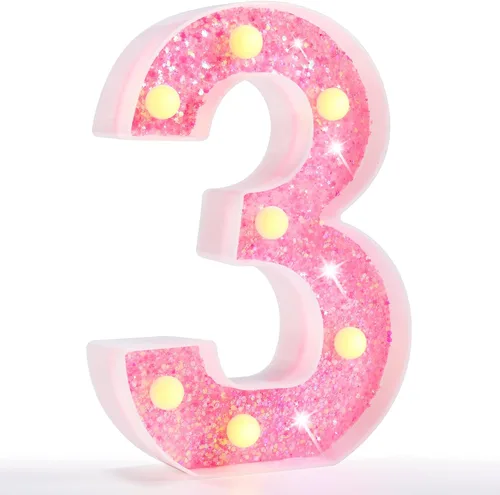 Miniatura 36 de Pooqla Luces de números de marquesina, números de luz rosa para niñas de 10.º cumpleaños, funciona con pilas, luz nocturna de número con purpurina