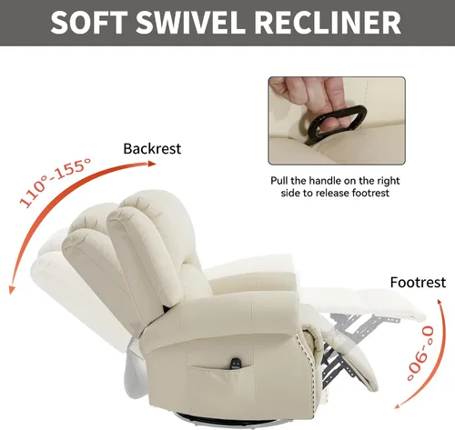 Miniatura 9 de PELUMY Silla reclinable giratoria de cuero transpirable para adultos, balancín giratorio de 360° con masaje térmico y vibratorio, silla de descanso