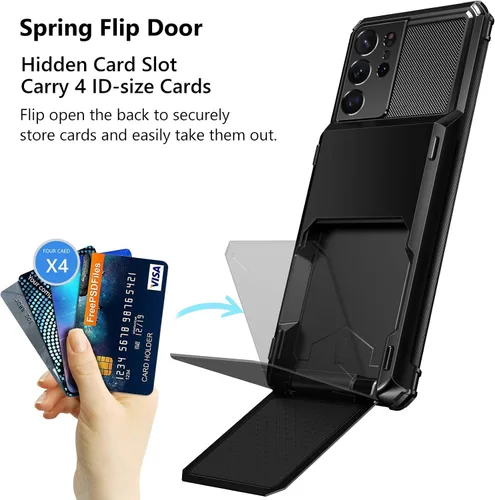Miniatura 2 de Vofolen Funda tipo cartera para Galaxy S21 Ultra con 4 tarjetas, tarjetero con ranura para tarjeta de crédito, bolsillo trasero, doble capa, Negro