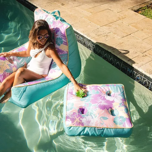 Miniatura 5 de Big Joe flotador Captain's Caddie sin necesidad de inflar para piscina con portavasos, hibisco tropical y aqua de doble lado con malla, tela