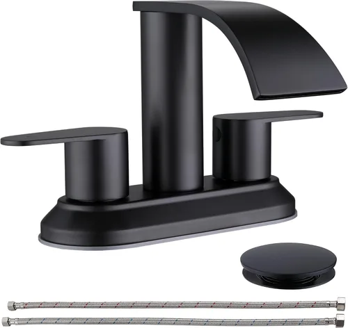 Grifo central de baño de 4 pulgadas, color negro mate, grifo de lavabo de 2 manijas con tapón de drenaje emergente, grifo de fregadero de baño de