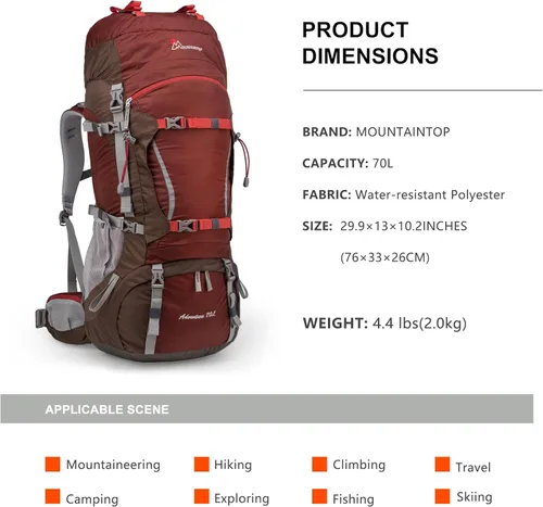 Miniatura 2 de MOUNTAINTOP 70L - Mochila con marco interno para camping, senderismo, mochila para hombres y mujeres con cubierta de lluvia Granate-70l