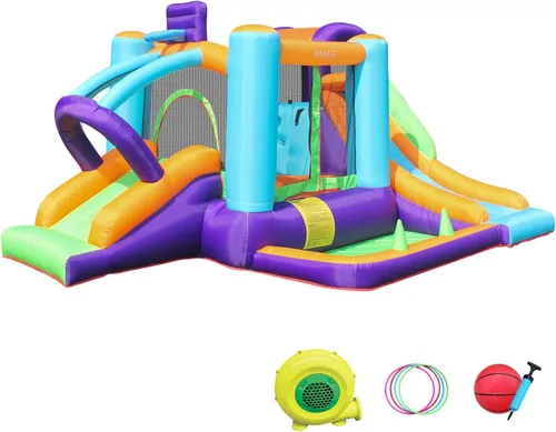 Miniatura 10 de AirMyFun Casa inflable para saltar, castillo hinchable con soplador de aire, casa de juegos con piscina de bolas, tobogán inflable para niños