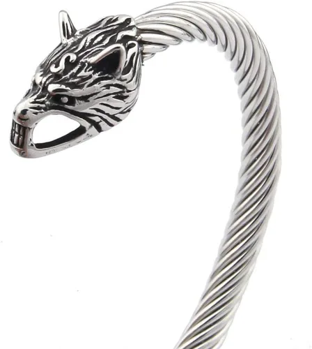 Miniatura 2 de BAVIPOWER Pulsera de acero inoxidable con cabezas de lobo nórdico Fenrir Odin Raven Dragón Serpiente de acero inoxidable fuerte Pagan Jewelry
