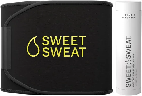 Sports Research Paquete de reductor de cintura Sweet Sweat (negro/amarillo, grande) y gel para entrenamiento (aroma a coco)
