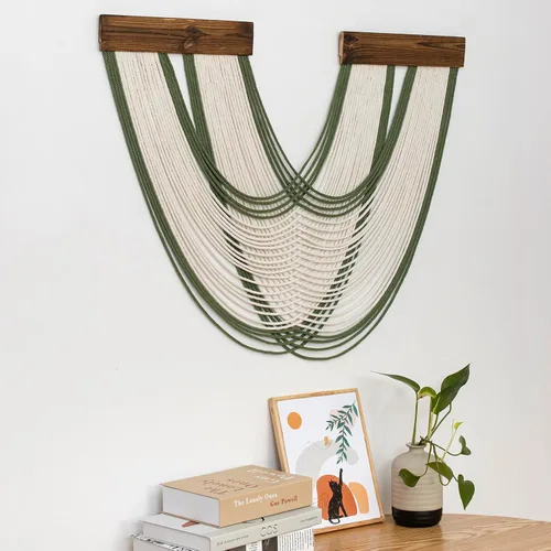 Miniatura 6 de Tapiz bohemio de macramé para colgar en la pared, tejido teñido anudado de fibra verde y blanca, hecho a mano, para colgar en la pared, grande