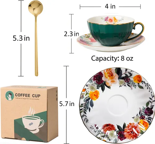 Miniatura 6 de ONEUSTAR Juego de taza de té y platillo para 1 taza de té floral de porcelana de hueso con cuchara, taza de café de 8 onzas, taza de capuchino latte