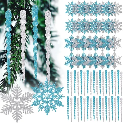 Miniatura 12 de Deekin 72 piezas adornos de carámbano de copo de nieve para árbol de Navidad, carámbanos torcidos de copo de nieve con purpurina, decoraciones