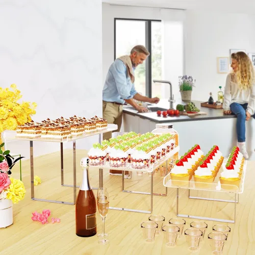 Miniatura 7 de Bakzon Soporte de 3 piezas para cupcakes, juego de mesa de postres de acrílico transparente con patas de soporte de hierro para cumpleaños