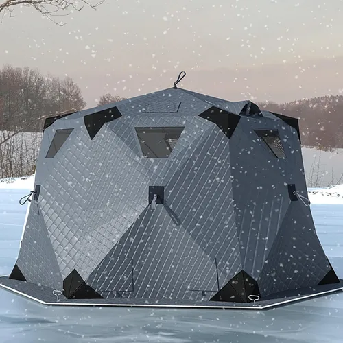 Miniatura 10 de Refugio portátil de pesca en hielo para 3 a 8 personas, tienda de campaña de pesca en hielo con aislamiento hexagonal con bolsa de transporte