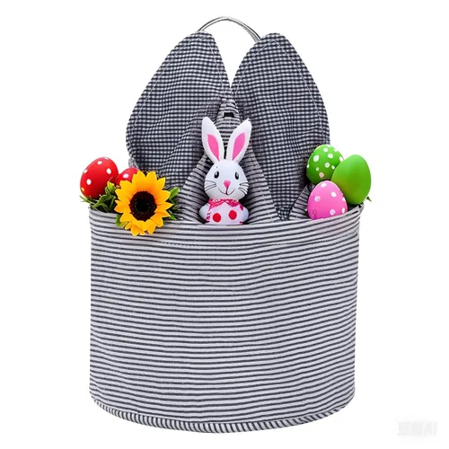 Miniatura 11 de Cesta de Pascua de sirsaca para niños con lindas orejas de conejo a rayas, regalos de almacenamiento de caramelos, regalos personalizados