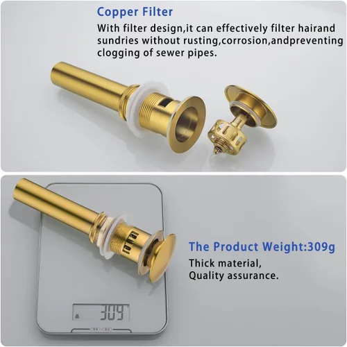 Miniatura 6 de Desagüe desplegable para lavabo de baño con desbordamiento, tapón de tocador de lavabo dorado oscuro cepillado, tapón de estilo rebote de latón