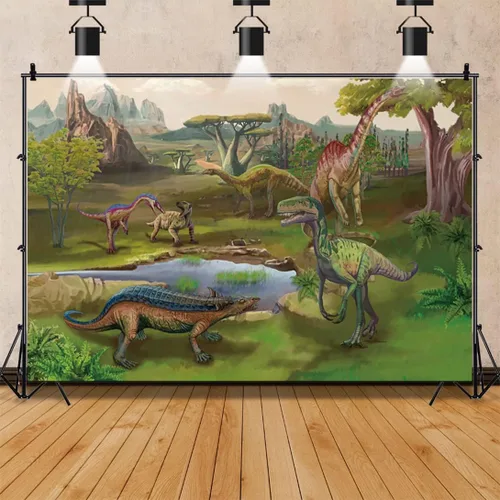 Miniatura 4 de Renaiss Telón de fondo de poliéster de 5 x 3 pies con diseño de dinosaurios, selva tropical, safari, bosque, árboles, montaña, lago, selva tropical