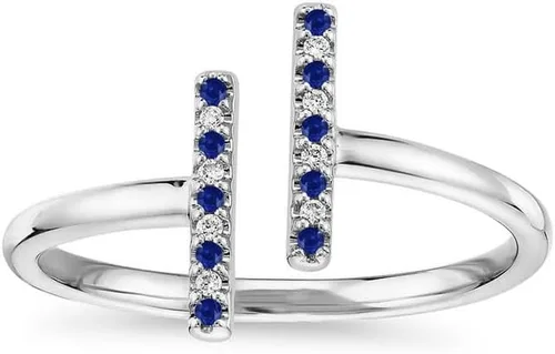 Miniatura 10 de Anillo de barra abierta de zafiro azul y diamante blanco alternativo para mujer, anillo de barra abierta de zafiro azul con acabado de oro de 14