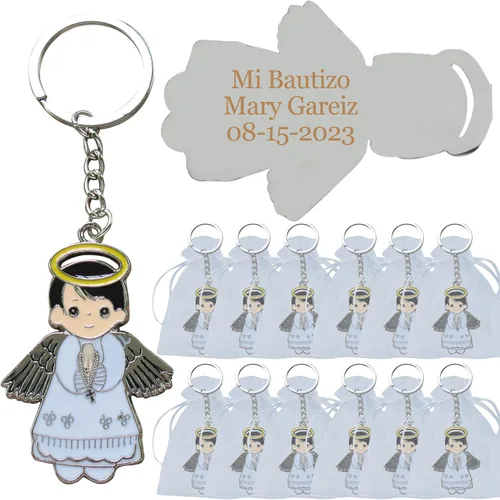 Regalo personalizado de primera comunión (12 piezas) - Llavero de metal de niño ángel blanco, regalo de bautizo para invitados con grabado/bautismo