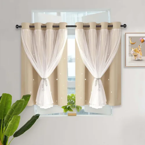 Cortinas opacas cortas con corte de estrellas, cortinas para niños para ventanas pequeñas, cortinas opacas de doble capa para dormitorio de niñas y