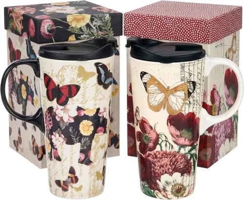 Miniatura 12 de Topadorn Taza de café de cerámica de 17 onzas con tapa y caja de regalo para viaje, Flor Roja y Mariposa Botanical Gardens