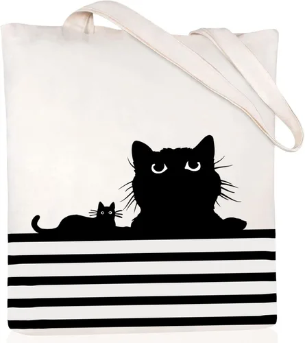 Miniatura 21 de Andeiltech - Bolsa de lona para mujer, con diseño de gato bonito y estética, bolsas reutilizables para compras y comestibles, con bolsillo