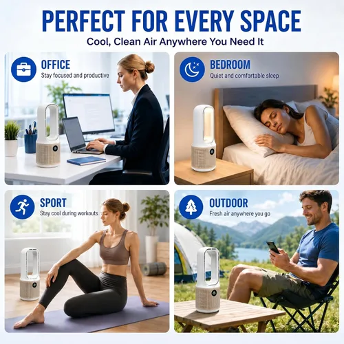 Miniatura 7 de Ventilador de escritorio, pequeño ventilador silencioso sin aspas con ajuste de 9 velocidades y 3 modos de luz, recargable por USB de 14 pulgadas