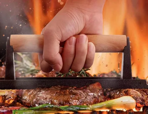 Miniatura 3 de Herramientas de cocina de hierro fundido resistente para hamburguesas, prensa redonda para carne y carne con mango de madera antiquemaduras