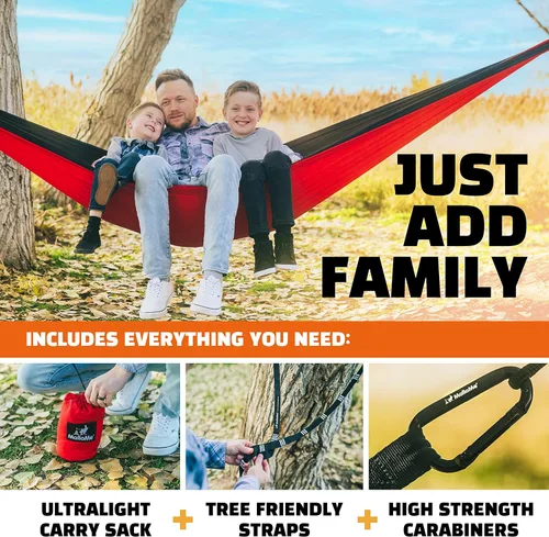 Miniatura 2 de Hamaca MalloMe para una o dos personas, para camping, set de hamaca colgante con 3 correas para árbol, hecha de nailon, es ligera, capacidad para 2