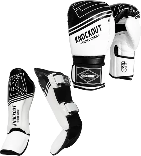 Miniatura 4 de Juego de 2 pares de guantes de boxeo y espinilleras Muay Thai, ideales para kickboxing, entrenamiento de gimnasio en casa y combate, más adecuados