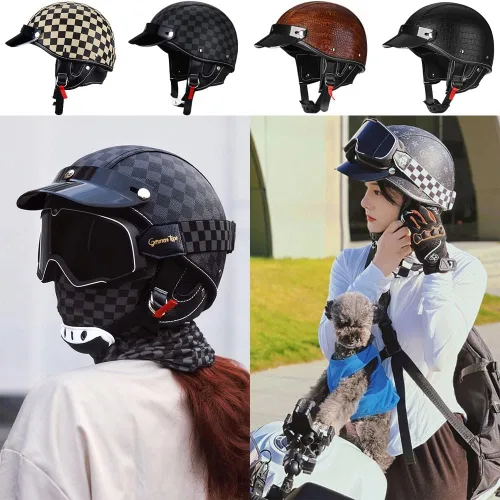 Miniatura 6 de Casco de motocicleta estilo alemán estilo retro medio casco de cuero medio abierto - aprobado por DOT para hombres y mujeres vintage motocicleta