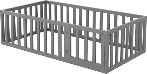 Miniatura 4 de Bellemave Montessori - Cama de suelo para niños, marco de cama de tamaño individual con barandillas en forma de valla y puerta, cama individual