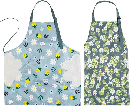 Miniatura 10 de Paquete de 2 delantales de cocina con toallita de mano, resistente a las gotas de agua con 2 bolsillos, delantales de cocina para mujeres y hombres