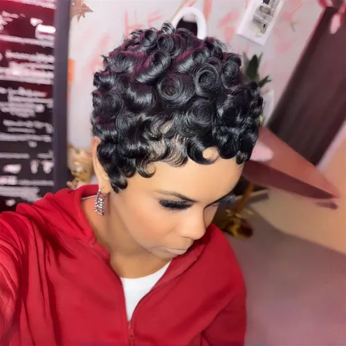 Miniatura 8 de YJOQOKOA Peluca corta de corte Pixie para mujeres negras, peluca de cabello humano lacio negro natural, peluca estilo Bob, pelucas cortas en capas