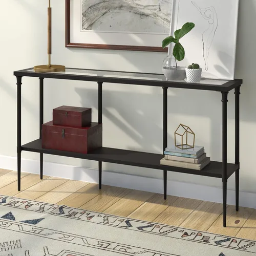 Miniatura 5 de Nellie - Mesa consola rectangular de 55 pulgadas de ancho con estante de metal en bronce ennegrecido