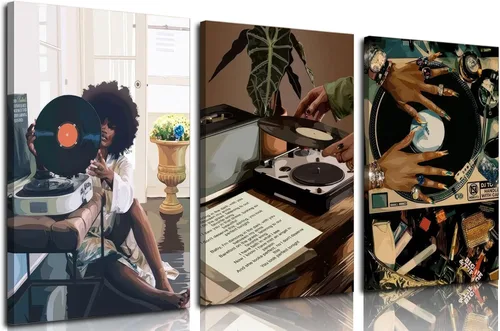 Lienzo enmarcado de niña negra, 3 unidades, diseño de niña negra, música de discos, decoración de pared, cuadros de niña negra funky, pósteres para