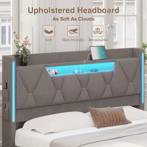 Miniatura 5 de busyaeh Base de cama Queen con cabecera de almacenamiento, marco de cama de metal con luces LED y estación de carga, cama Queen tapizada
