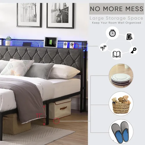 Miniatura 8 de Full Bed Frame Metal, Charging Station and Led Lights, Upholstered Platform Bed with Heavy Metal Slats, No Box Spring Needed, Noise Free, Easy