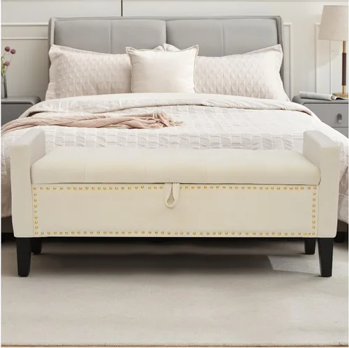 Miniatura 16 de Banco otomano de almacenamiento, reposapiés tapizado de terciopelo para dormitorio y sala de estar, asiento copetudo con almacenamiento, patas