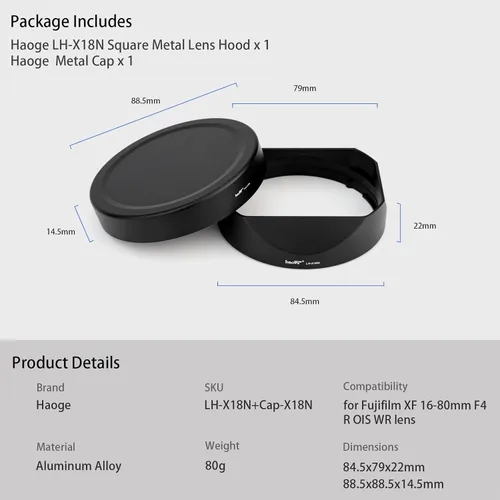 Miniatura 7 de Haoge LH-X18N Bayoneta Square Metal Lens Hood para Fujifilm Fuji XF 0.630-3.150 in F4 R OIS WR, Fujinon XF16-55mmF2.8 R LM WR II Pantalla de lente
