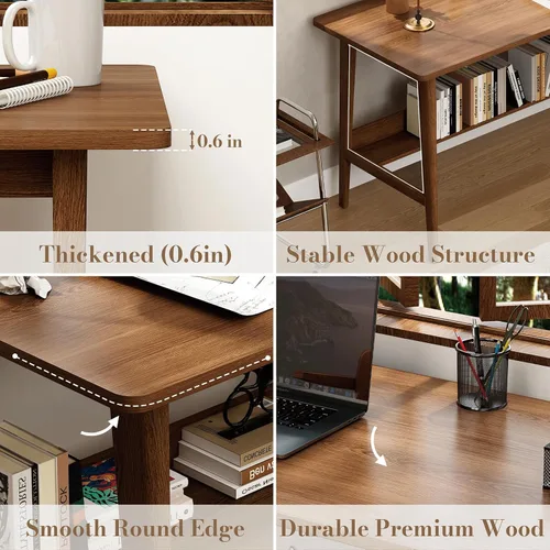 Miniatura 3 de 63" Solid Wood Office Desk, Mid-Century Modern Home Office Computer Desk with Storage Shelf, Large 2-Person Writing Study Table Workstation, Walnut