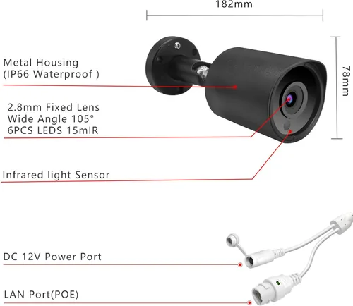 Miniatura 3 de Cámara de seguridad IP PoE de 5 MP, cámara IP H.265 Bullet con gran angular de 105°, lente de 0.110 in, visión nocturna de 80 pies, compatible