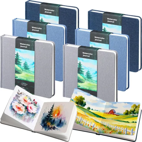 Mooliwe 6 cuadernos de bocetos de acuarela, diario pequeño de acuarela de papel a granel para pintar 300 GSM, 140 libras, algodón prensado en frío