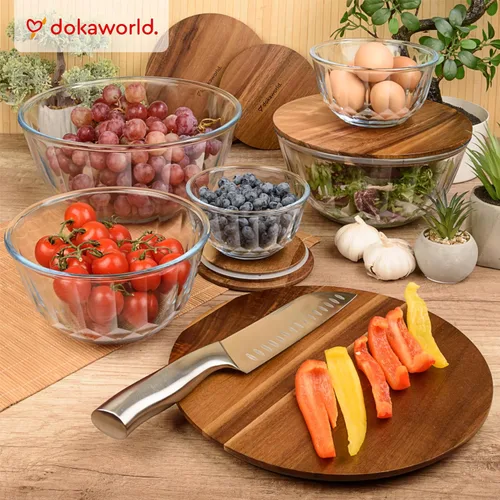 Miniatura 2 de Juego de 5 cuencos apilables grandes de vidrio anidables con tapas de acacia para preparación de alimentos, almacenamiento, horneado, mezcla de masa